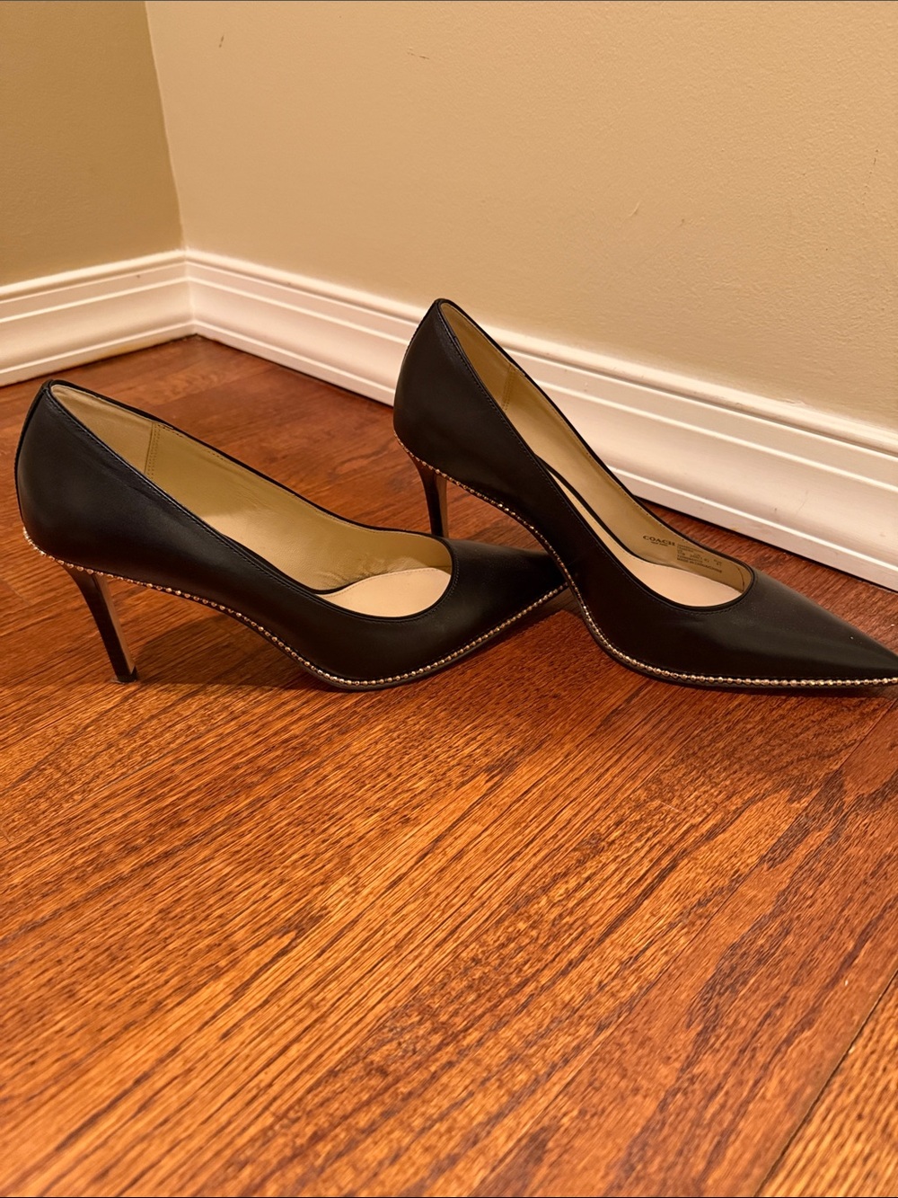 Coach Black Leather Pointed-Toe Pumps with Contrast Stitching